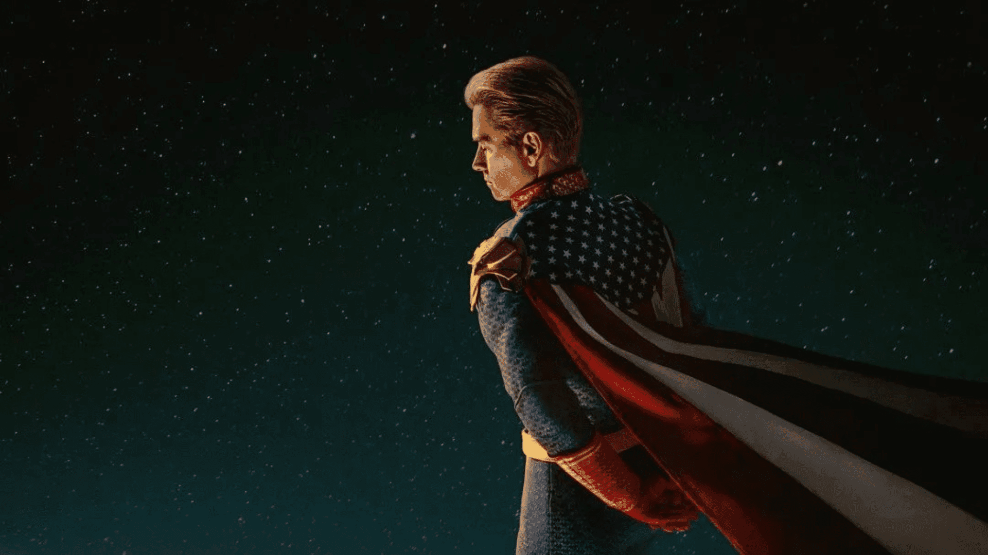 A superhero in a star-spangled suit and cape stands against a starry night sky.