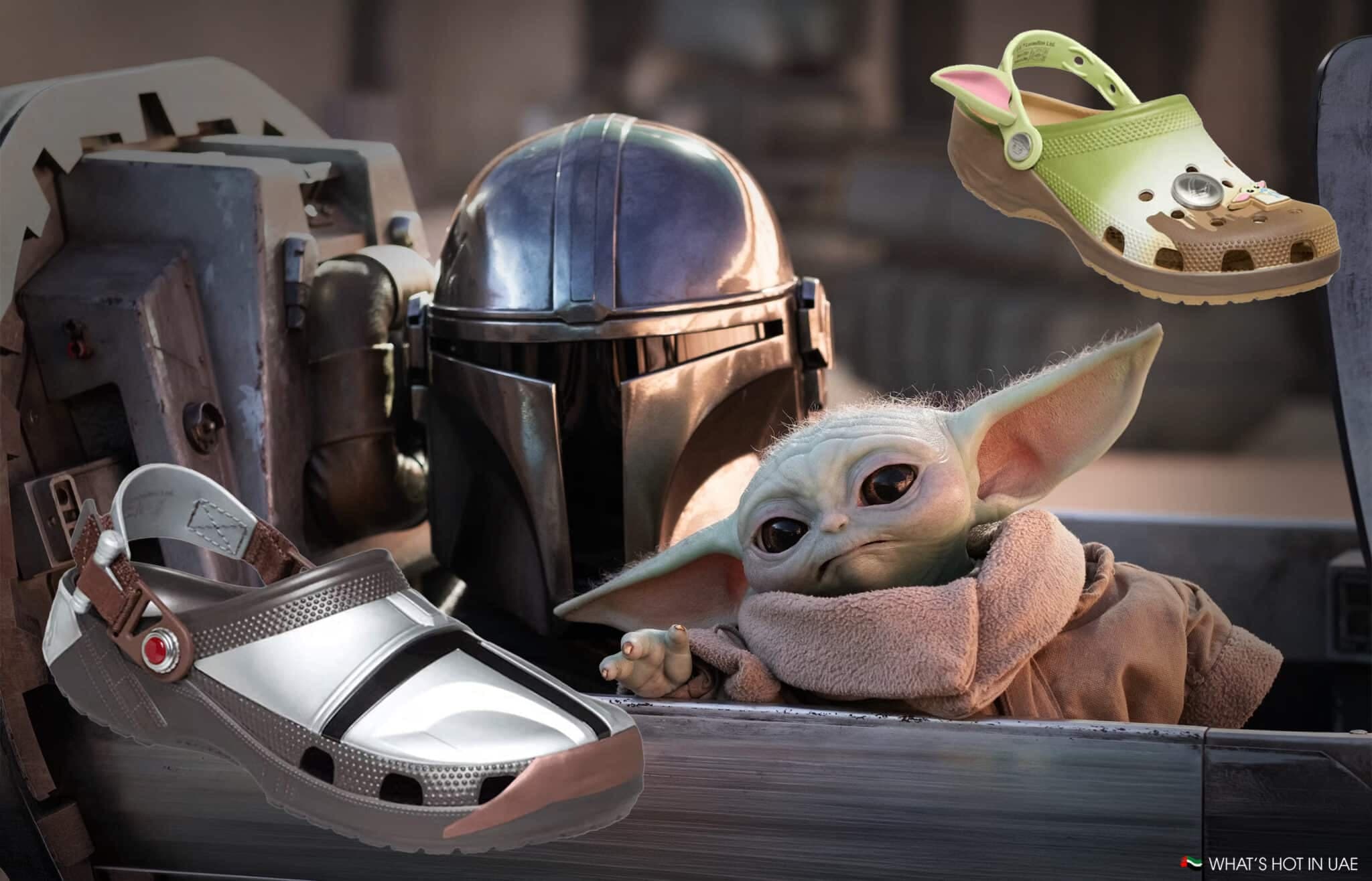 A futuristic helmeted figure and a creature with large ears sit in a vehicle, surrounded by digital images of shoes.