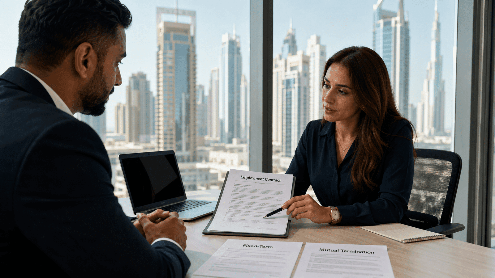 Two businesspeople review an employment contract in a high-rise office with city skyline views