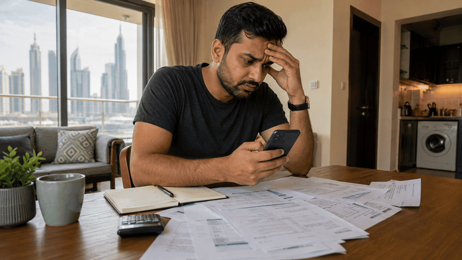 Stressed man studying bills on his phone at a table covered with paperwork and a calculator