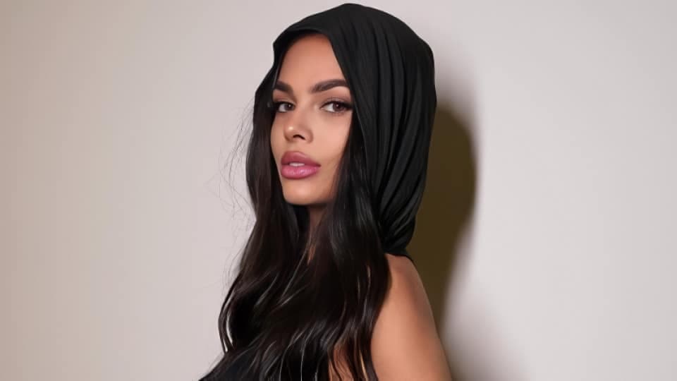 Woman with long dark hair wearing a black headscarf, posing against a plain light background