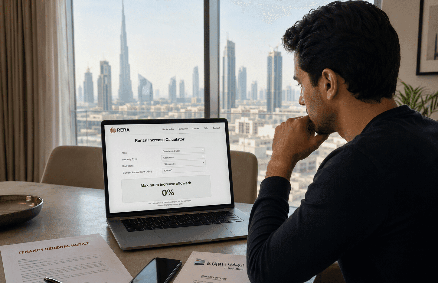 Man reviewing a Dubai rental increase calculator on a laptop beside tenancy renewal documents and a skyline view