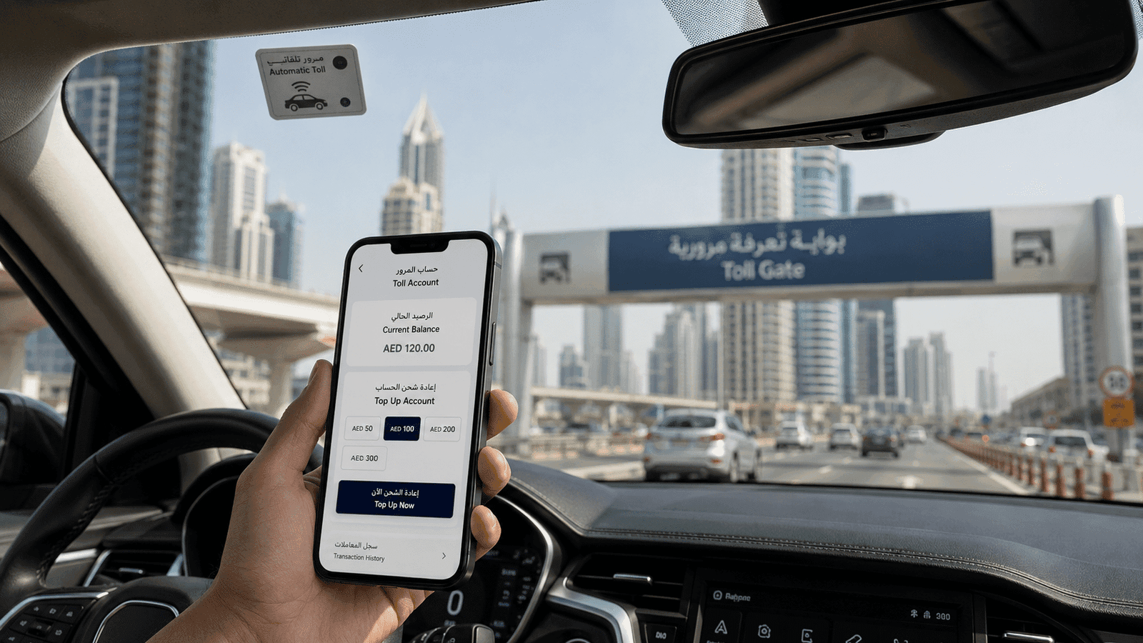 Hand holding a phone showing a toll account top-up screen inside a car approaching a toll gate