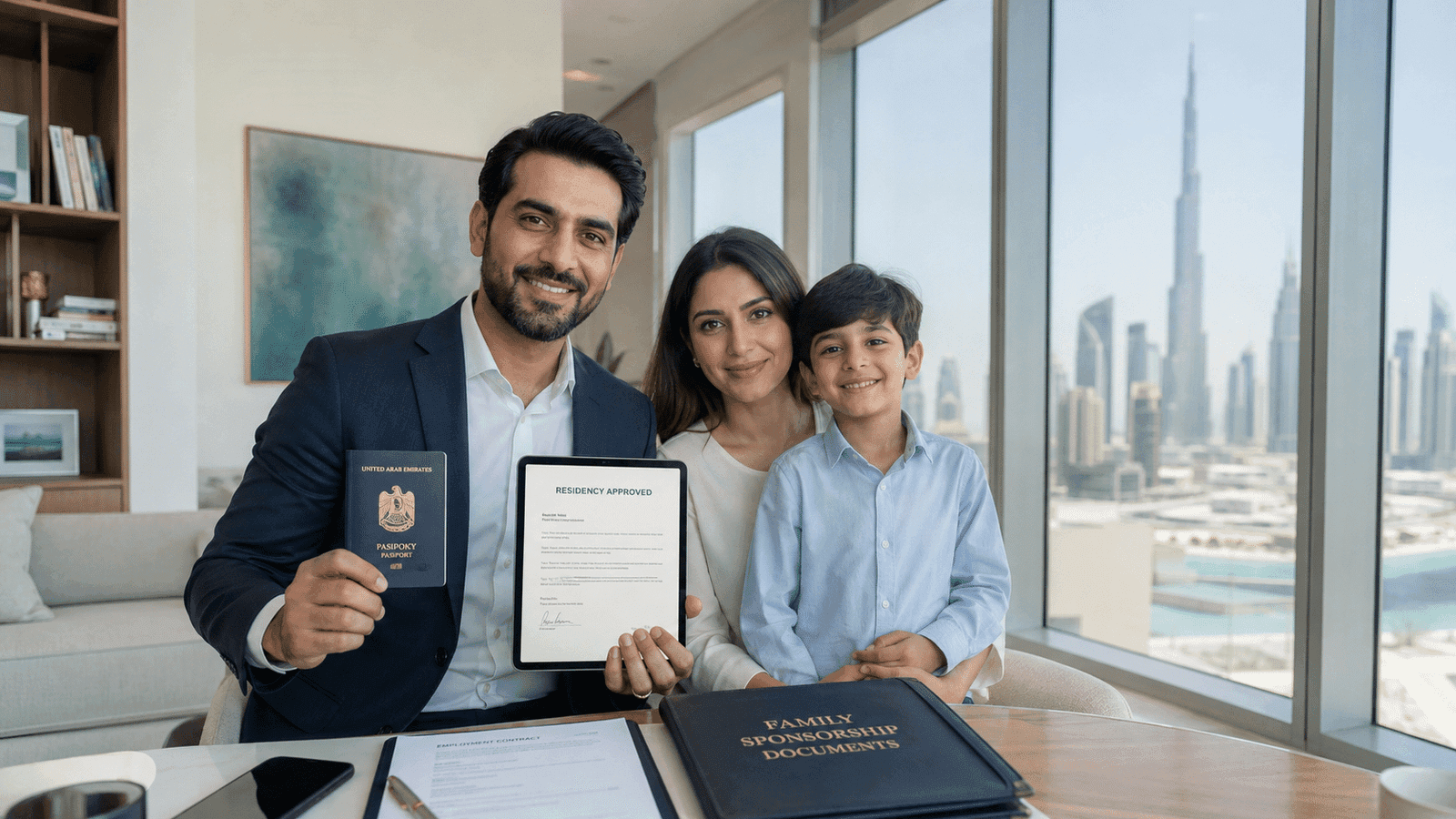Smiling family in an office holding a UAE passport and residency approval document with Dubai skyline behind them