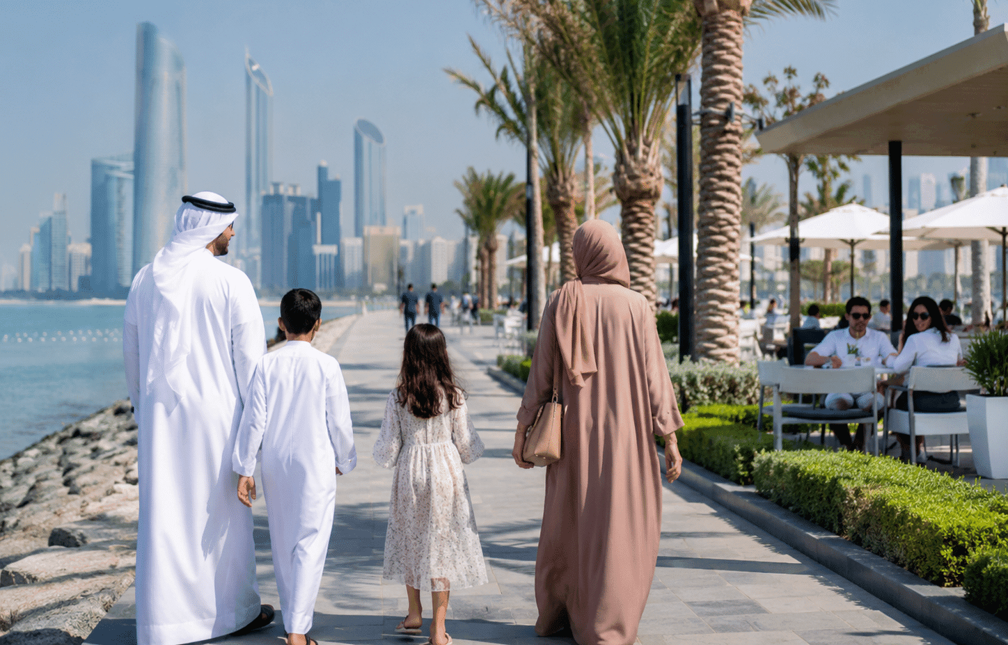 A family in traditional clothing walks along a palm-lined waterfront promenade with a city skyline and café seating nearby
