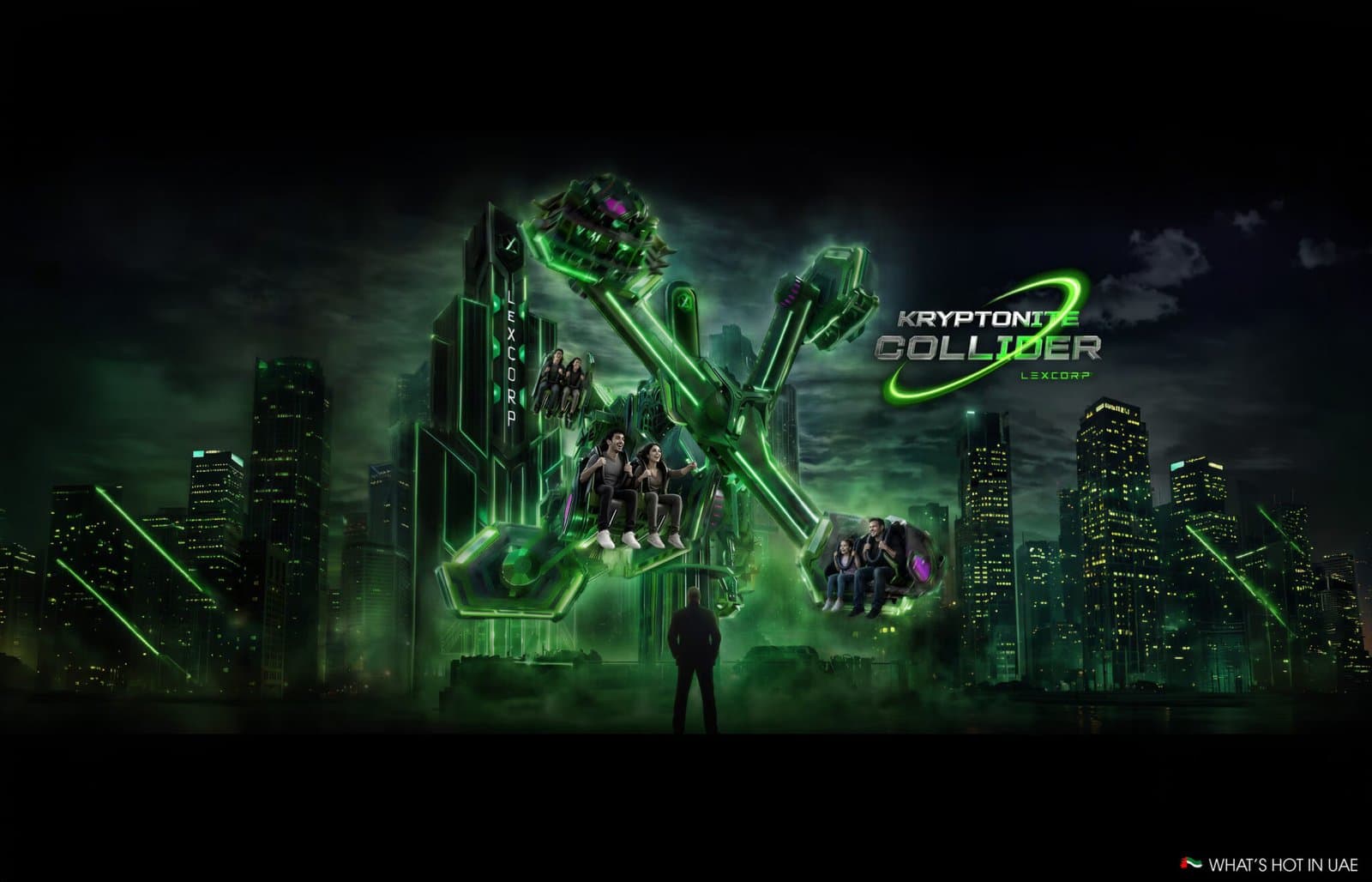 Promotional render of a neon-green roller coaster above a dark city skyline, labeled Kryptonite Collider by LexCorp