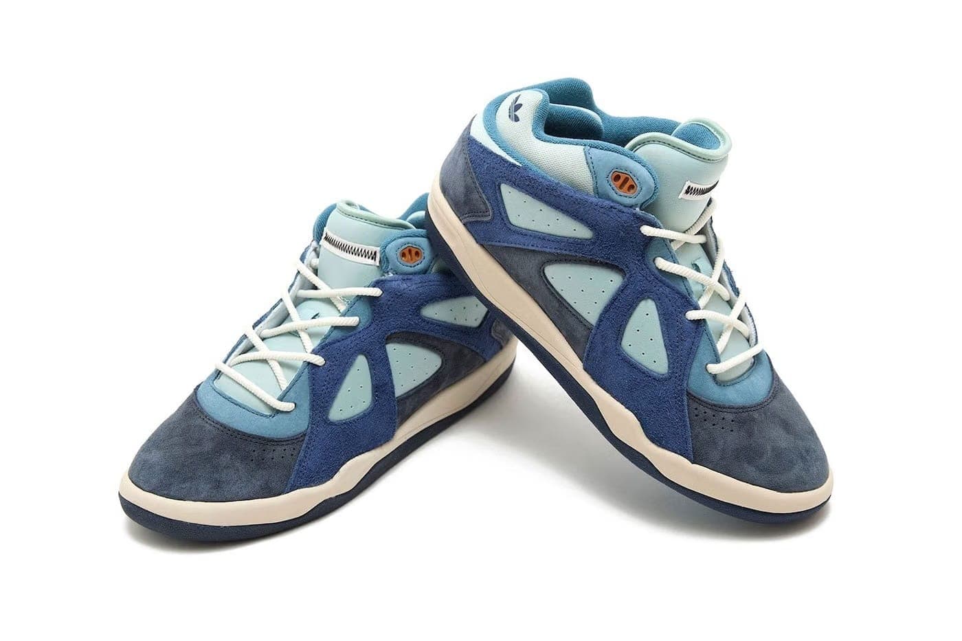 Pair of blue and light teal high-top sneakers with white laces, displayed against a white background