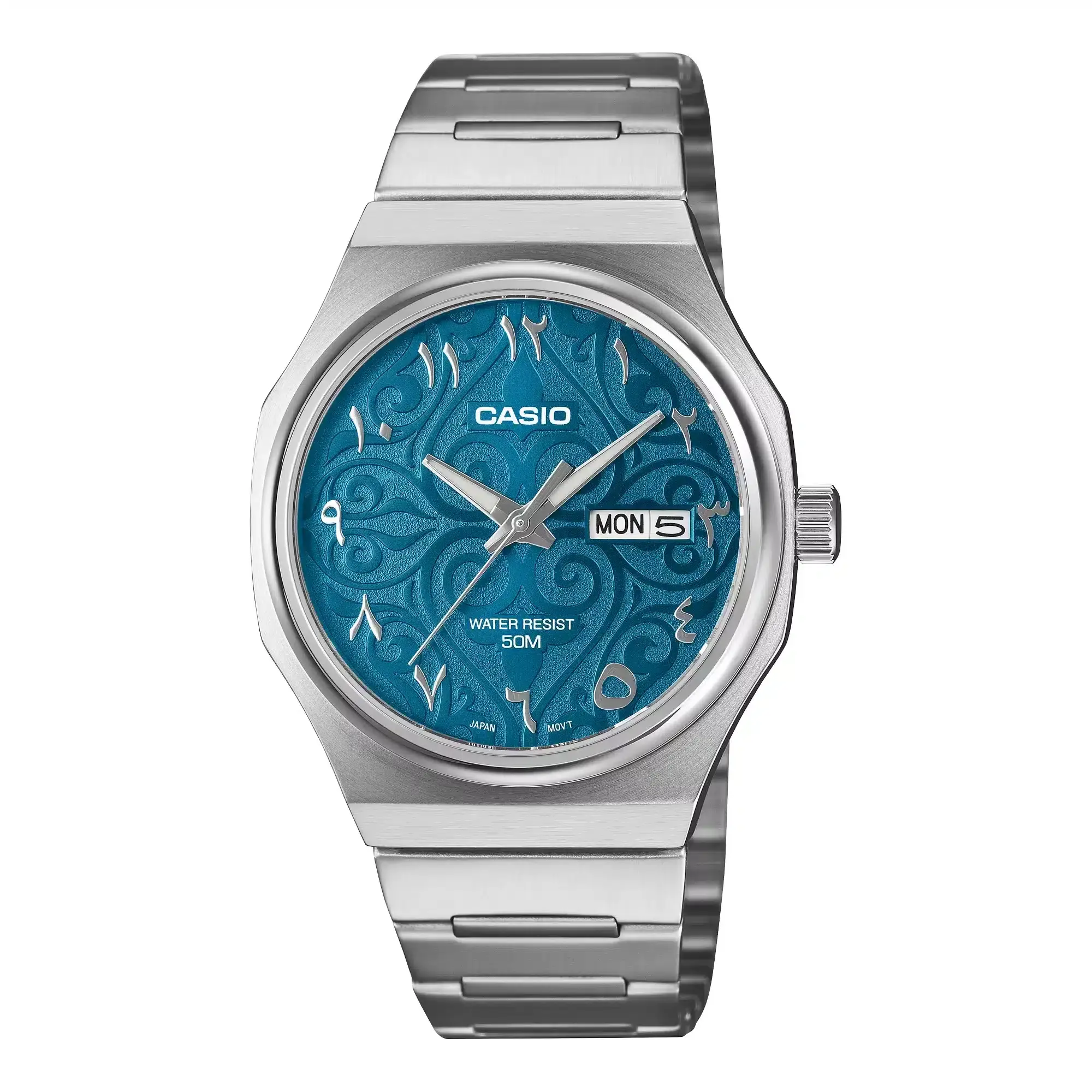 Casio stainless steel watch with a blue patterned dial, Arabic numerals, day-date display, and 50-meter water resistance