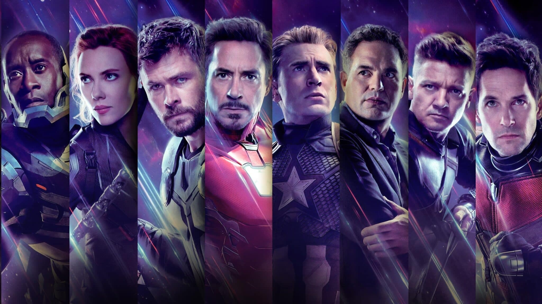 Stylized collage of eight superhero characters in futuristic suits against a cosmic purple background
