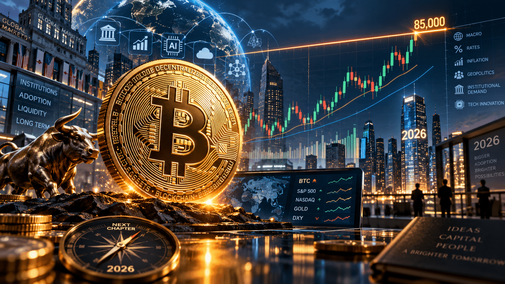 Bitcoin coin and bull statue beside a rising market chart, showing cryptocurrency growth and financial optimism toward 2026