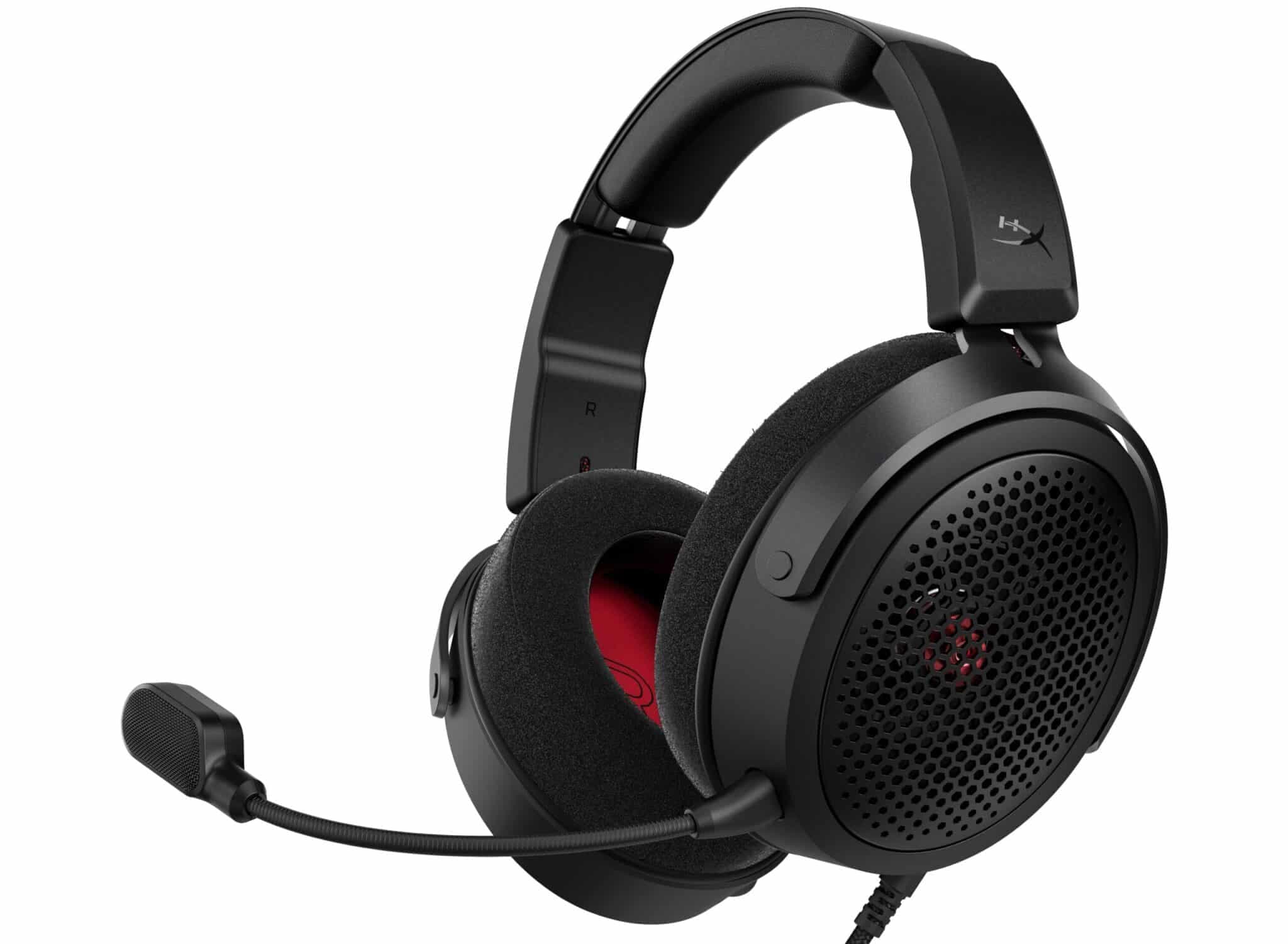 Black over-ear gaming headset with honeycomb earcup grilles, red interior accents, and a flexible boom microphone