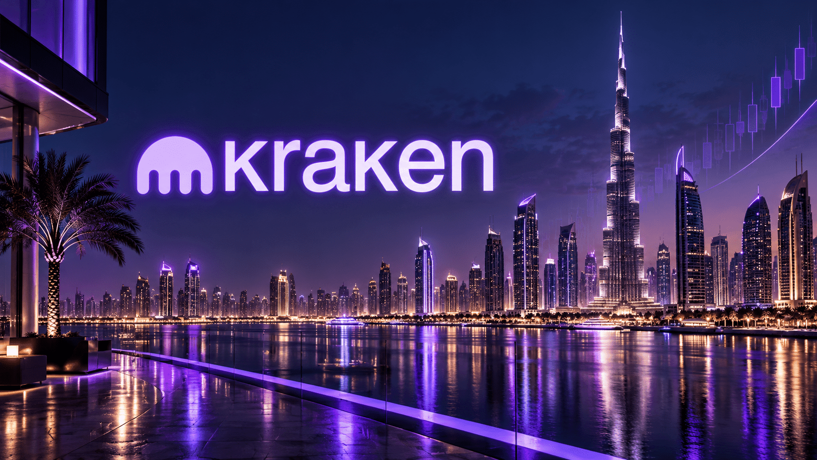 Kraken logo and wordmark over Dubai’s illuminated skyline, with the Burj Khalifa and a rising cryptocurrency chart