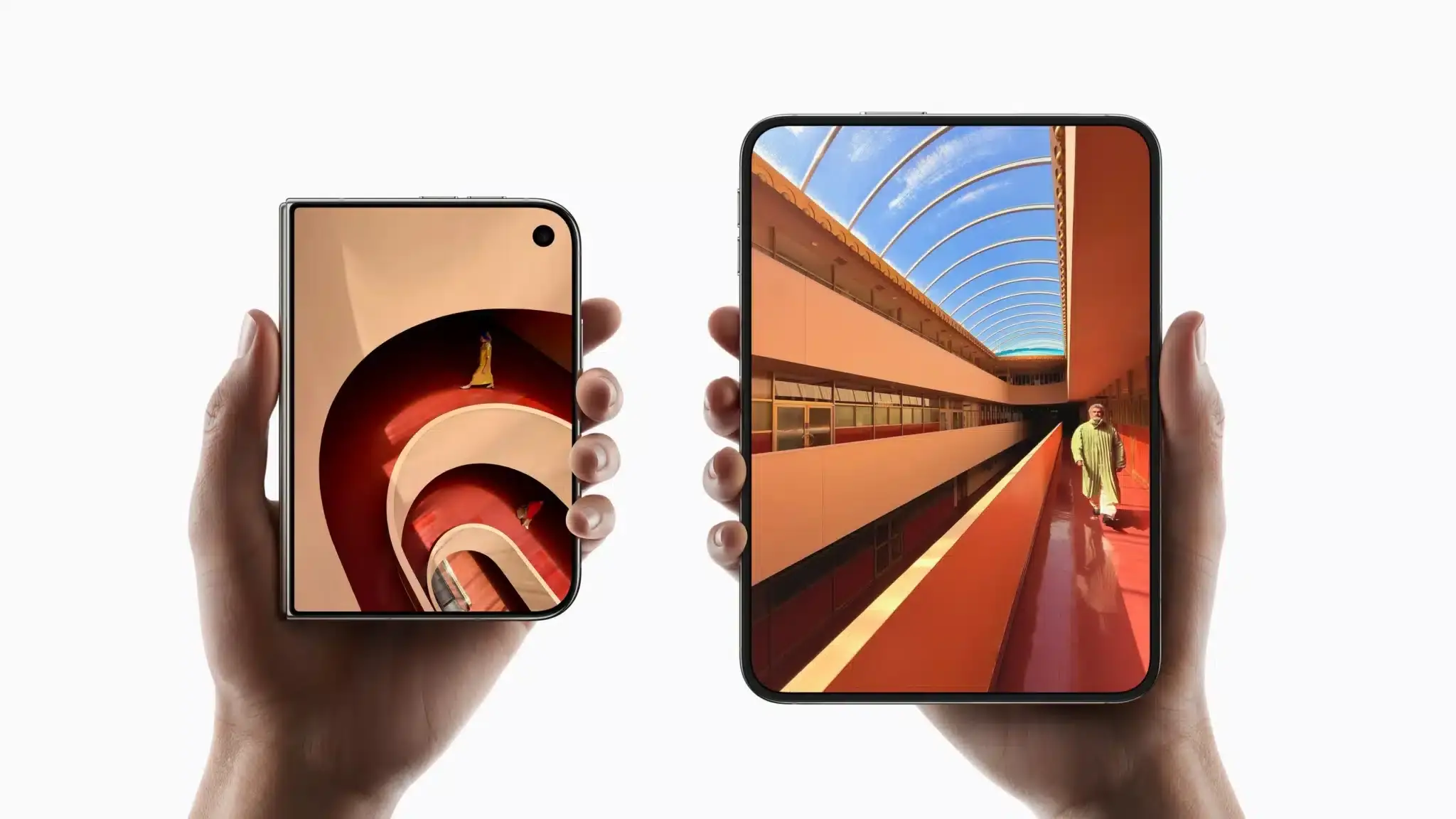 Two foldable smartphones displaying vivid architectural scenes, held against a white background