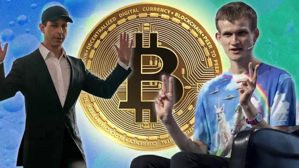 Two individuals pose with hand gestures in front of a large Bitcoin symbol. The man on the left is wearing a suit and a cap, raising both hands. The man on the right is seated, making a peace sign with his fingers and wearing a colorful shirt featuring llamas and UFOs, as well as a watch. The background is a graphic of a Bitcoin and digital currency text.