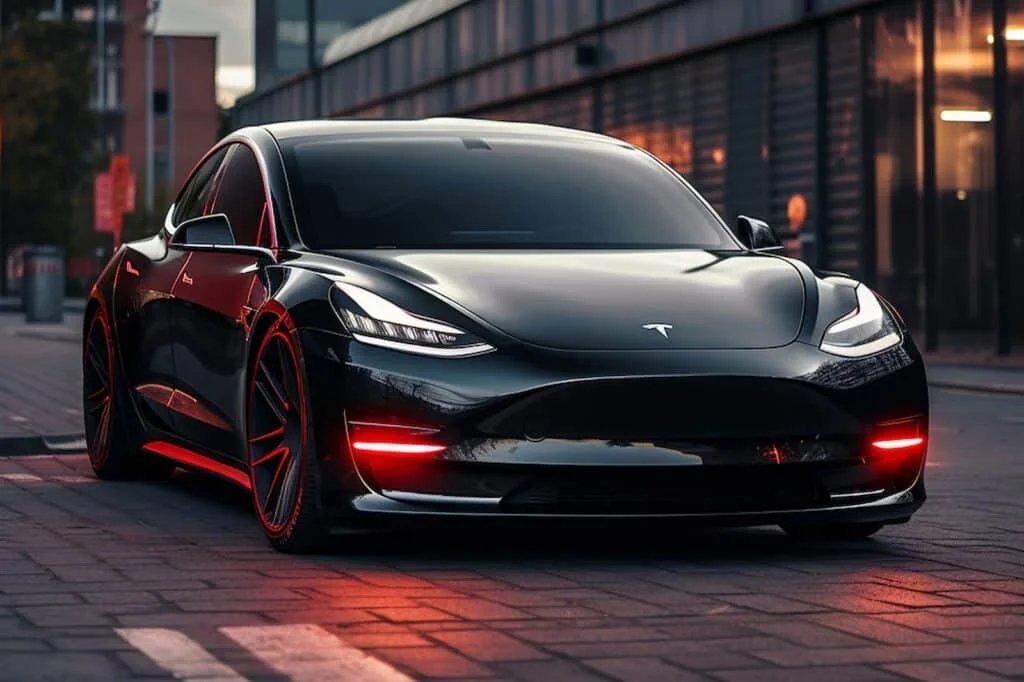 A sleek black sports car with glowing red accents, parked on a city street at dusk.