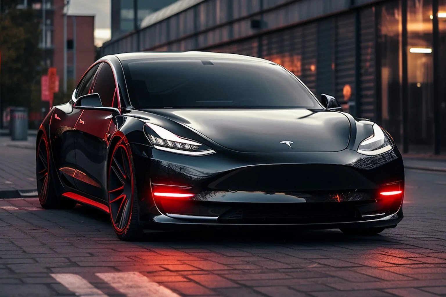 A sleek black sports car with glowing red accents, parked on a city street at dusk.