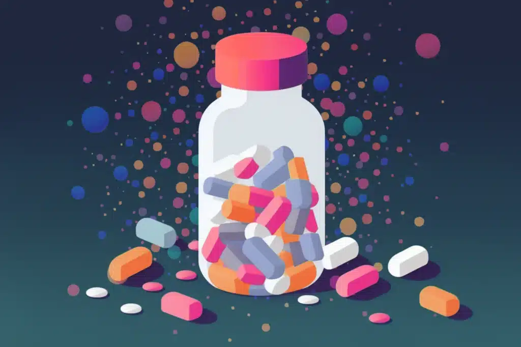 An illustration of a transparent bottle filled with colorful pills, surrounded by additional pills and vibrant dots floating in the background.