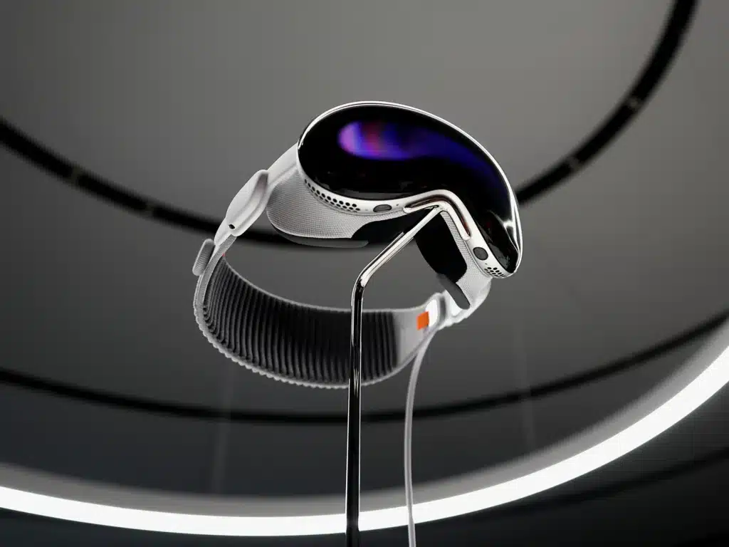 A sleek, futuristic virtual reality headset with a reflective visor, white straps, and a dark oval display, mounted on a stand with a circular ceiling light in the background.