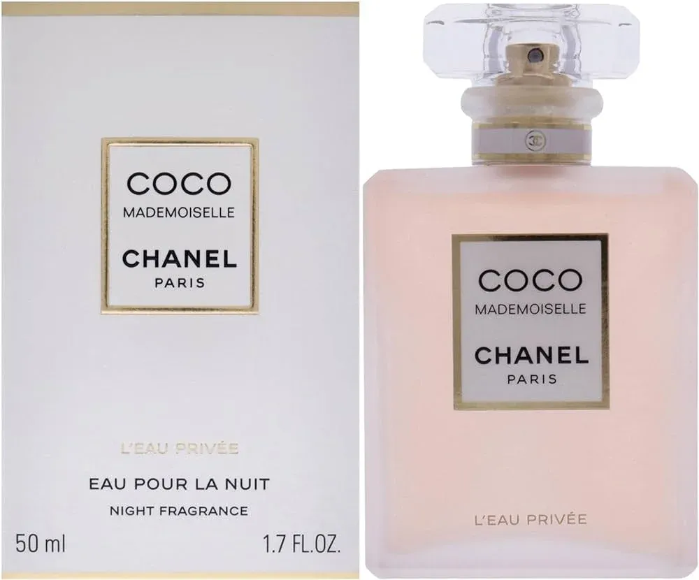 Bottle and packaging of Coco Mademoiselle L'Eau Privée by Chanel, a Parisian night fragrance, with a light pink bottle and elegant white and gold box, labeled in English and French.