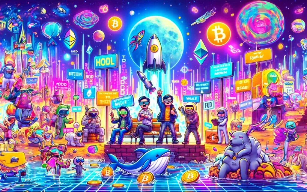 A vibrant, colorful illustration featuring a futuristic cityscape with neon lights and cryptocurrency symbols. Characters in futuristic outfits display signs with crypto terms like 'HODL' and 'FUD' amid sci-fi elements like rockets, planets, and a digital grid. A whale and cartoonish creatures are immersed in a scene filled with Bitcoin and Ethereum logos, creating a whimsical, energetic atmosphere.