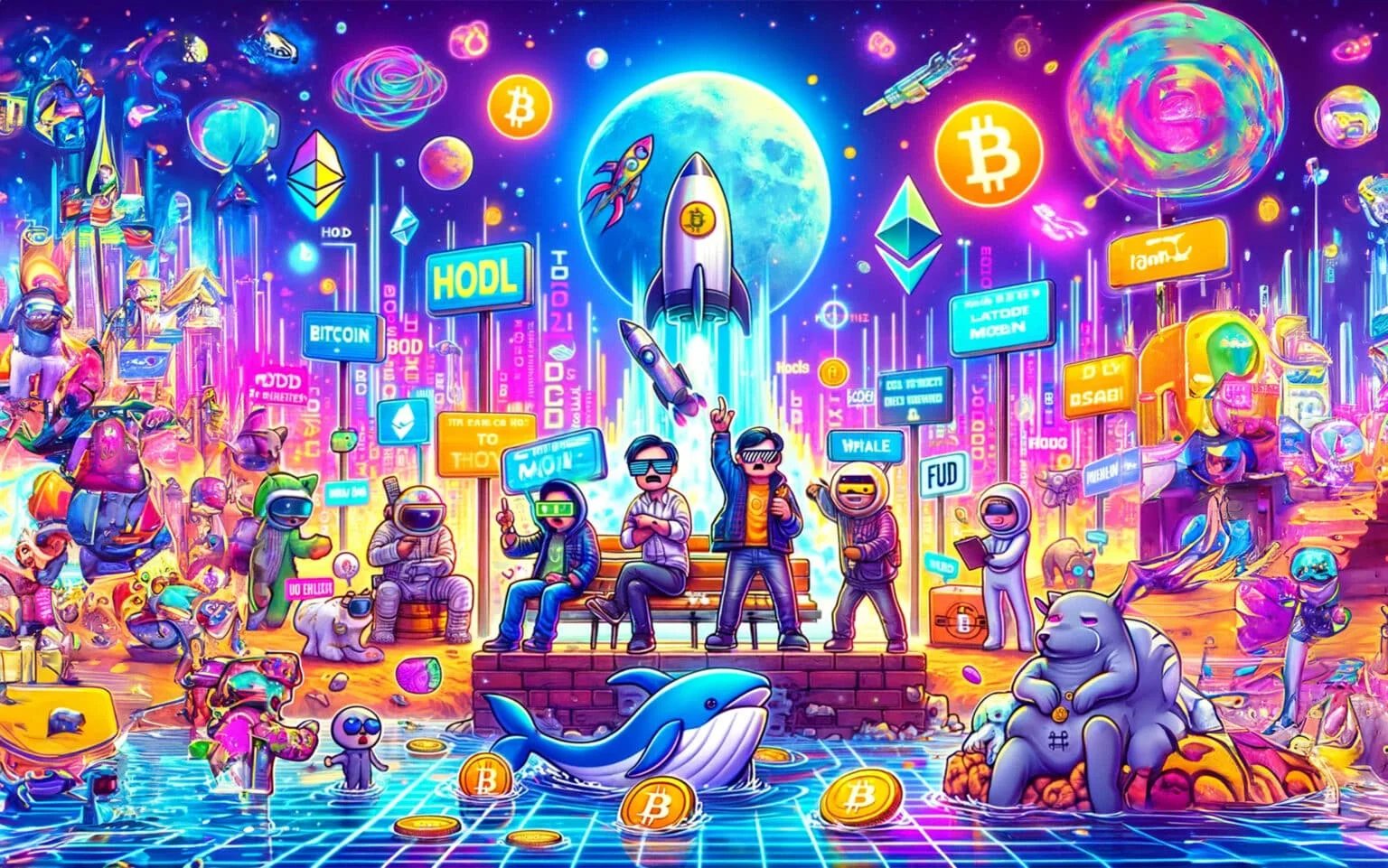 A vibrant, colorful illustration featuring a futuristic cityscape with neon lights and cryptocurrency symbols. Characters in futuristic outfits display signs with crypto terms like 'HODL' and 'FUD' amid sci-fi elements like rockets, planets, and a digital grid. A whale and cartoonish creatures are immersed in a scene filled with Bitcoin and Ethereum logos, creating a whimsical, energetic atmosphere.
