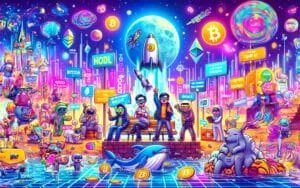 A vibrant, colorful illustration featuring a futuristic cityscape with neon lights and cryptocurrency symbols. Characters in futuristic outfits display signs with crypto terms like 'HODL' and 'FUD' amid sci-fi elements like rockets, planets, and a digital grid. A whale and cartoonish creatures are immersed in a scene filled with Bitcoin and Ethereum logos, creating a whimsical, energetic atmosphere.