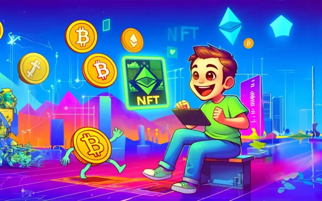 A colorful digital artwork featuring a cartoon boy sitting on a block with a tablet, surrounded by Bitcoin and Ethereum symbols, an NFT icon, and a walking Bitcoin coin with limbs in a futuristic virtual environment.