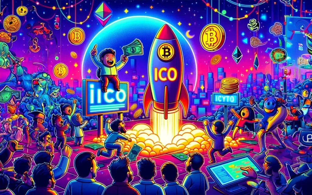 A lively illustration depicting a futuristic city with elements of cryptocurrency, including a rocket labeled 'ICO' launching amidst excited people. The scene is filled with Bitcoin symbols, Ethereum logos, and dollar bills, set against a colorful cityscape with digital screens and enthusiastic characters celebrating the rise of digital currencies.