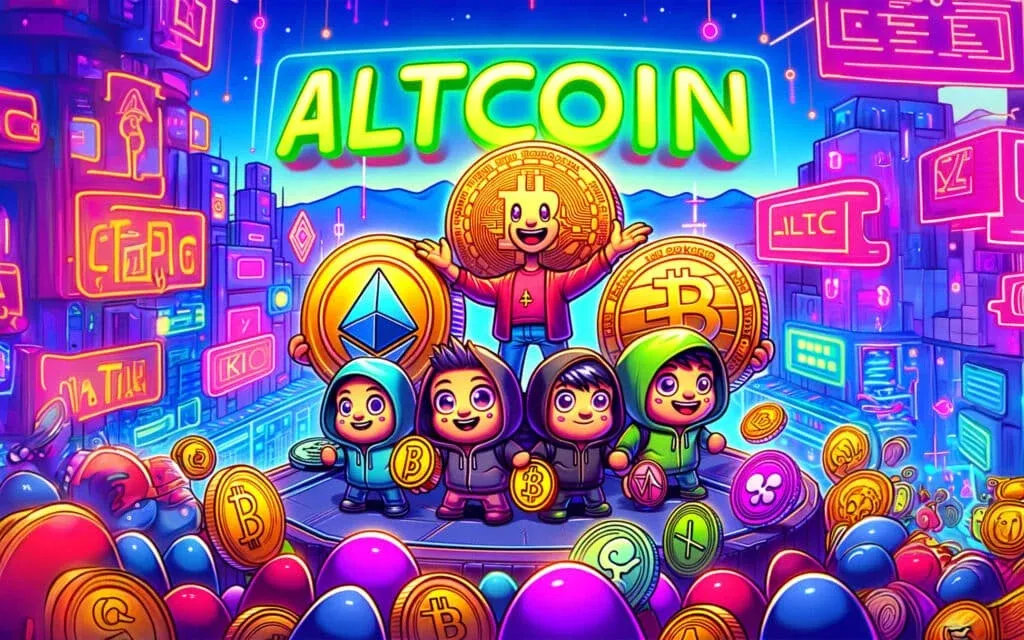 Colorful illustration of five cartoon characters holding cryptocurrency coins with a futuristic, neon-lit city background. The word