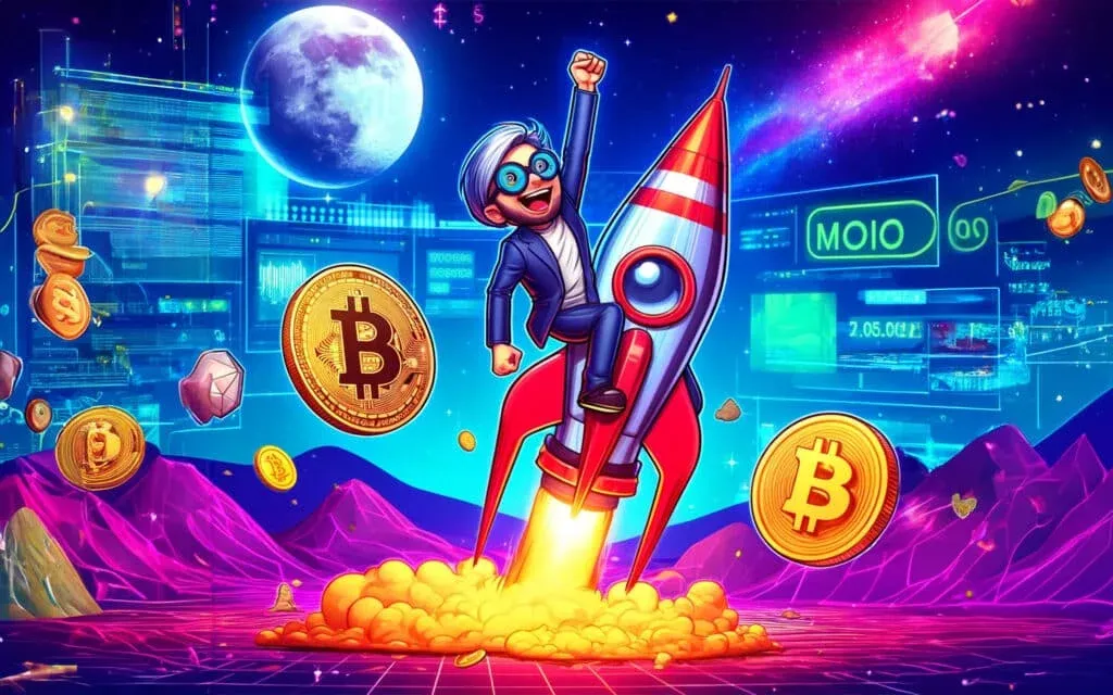 A cartoon person with blue hair and glasses rides a red and white rocket, surrounded by floating Bitcoin symbols, in a neon-colored landscape with digital displays, representing cryptocurrency growth.
