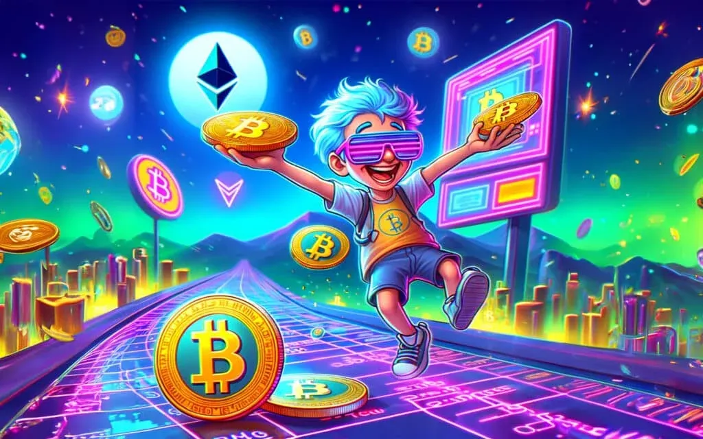A colorful digital illustration of a joyful person wearing futuristic glasses, holding Bitcoin coins, set against a lively cityscape with digital screens and cryptocurrency symbols like Ethereum and Bitcoin floating in the air.