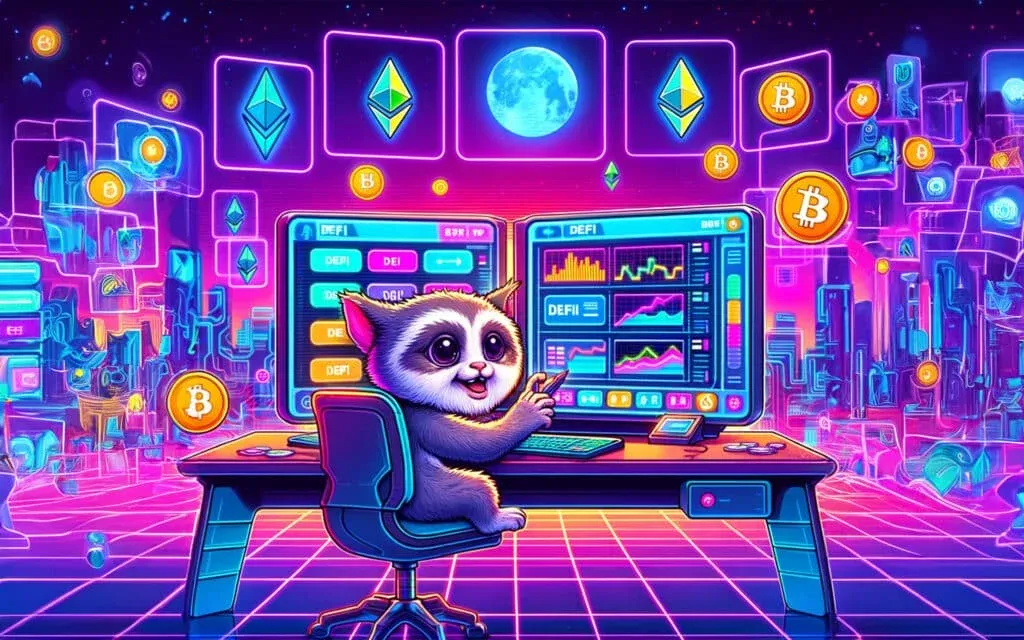 A cute, cartoonish raccoon sitting at a futuristic desk with multiple screens displaying cryptocurrency and financial data in a lively, neon-lit virtual environment, with symbols for Bitcoin and Ethereum floating around.