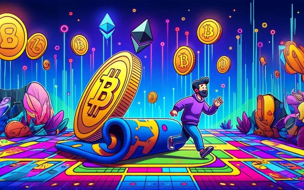 A colorful and futuristic illustration depicting a man running on a digitally patterned road with Bitcoin and Ethereum symbols floating around. Large Bitcoin coins are prominently displayed, one appearing to roll in front of him, while Ethereum logos are positioned above. The background features lively growth-like patterns, suggesting a digital or cyber environment.