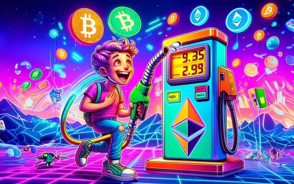 A lively digital illustration of a child excitedly holding a gas pump nozzle next to a futuristic fuel pump displaying cryptocurrency symbols like Bitcoin and Ethereum. The background features a neon-colored, digital landscape with floating crypto coins and abstract shapes.