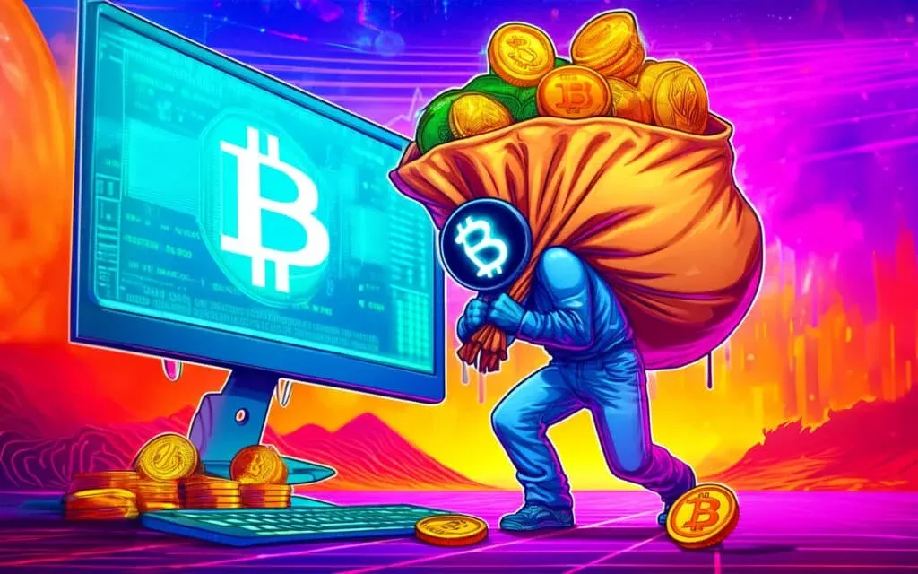 A digital illustration of a person wearing a blue suit and a head shaped like a Bitcoin symbol, carrying a large sack filled with Bitcoin coins next to a computer screen displaying a Bitcoin logo. The background features lively neon colors creating a futuristic setting.