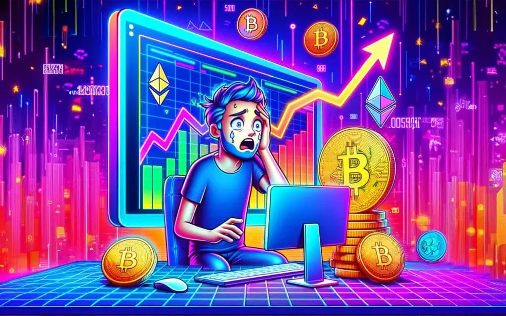 A worried cartoon character looks at a computer screen showing a fluctuating cryptocurrency market, with graphics of Bitcoin and Ethereum symbols alongside rising and falling charts.