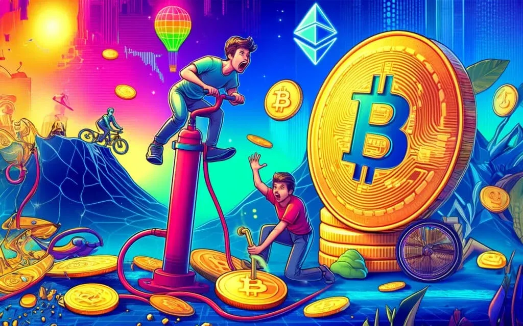 A colorful digital illustration depicting two people enthusiastically pumping a giant Bitcoin coin, with other Bitcoin coins scattered around. In the background, a hot air balloon, Ethereum symbol, and a cyclist on a mountainous terrain are visible against a lively gradient sky.