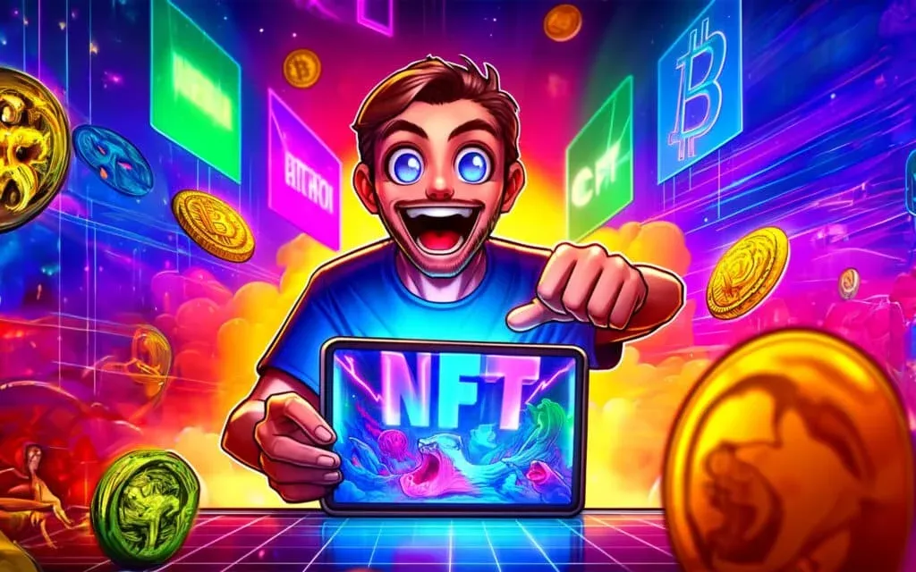 A cartoon illustration of a man with an excited expression, holding a tablet displaying the word 'NFT' against a lively, colorful background. The scene includes floating coins and neon signs of various cryptocurrencies.