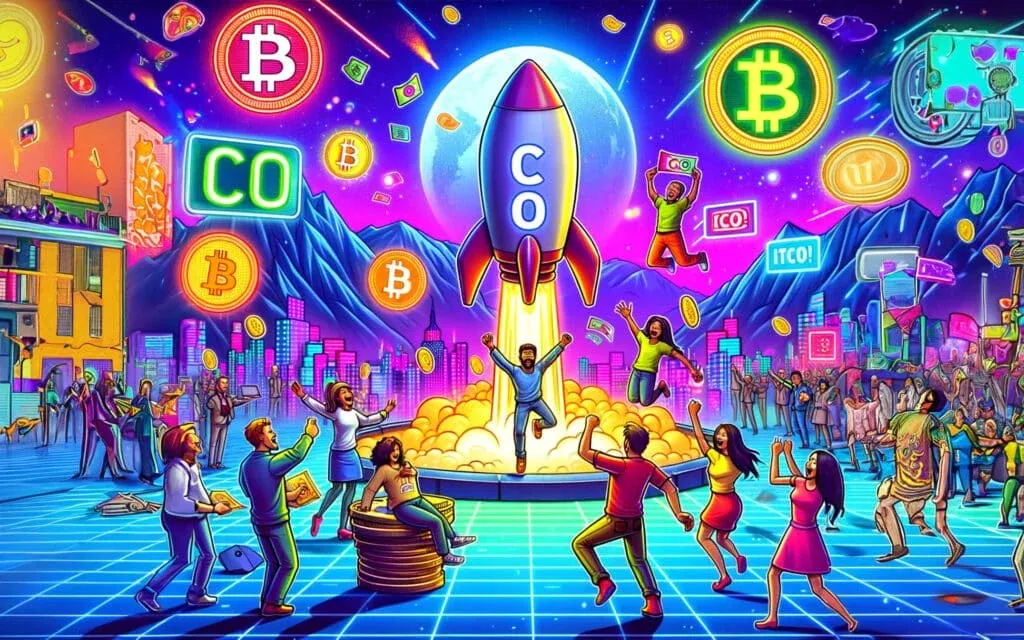 Colorful illustration of people celebrating cryptocurrency success with a rocket labeled 'CO' launching into the sky, surrounded by Bitcoin symbols and digital currency icons. The scene features a futuristic cityscape with neon colors and people joyfully raising their hands and holding cryptocurrency coins.