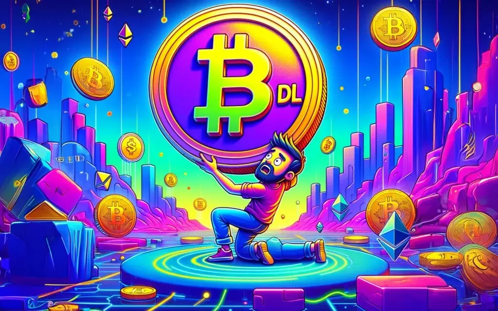 A cartoonish, colorful digital illustration depicting a person struggling to hold up a giant Bitcoin-like coin labeled