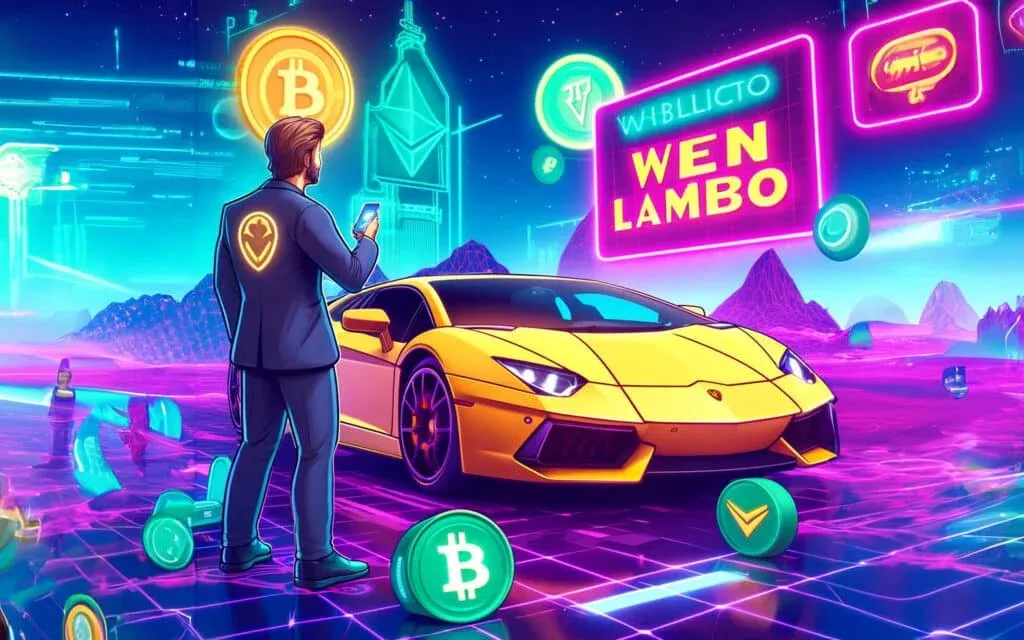 A digital artwork featuring a man in a suit holding a phone, standing in front of a yellow sports car with a neon, futuristic backdrop. The scene includes glowing cryptocurrency symbols, such as Bitcoin and Ethereum, floating in the air, and a lively sign that reads