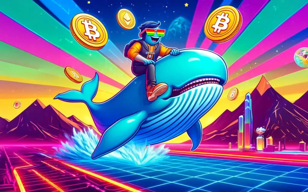 Digital artwork of a person riding a blue whale while wearing rainbow sunglasses and a futuristic outfit, set in a lively neon landscape with Bitcoin and Ethereum symbols floating in the sky.