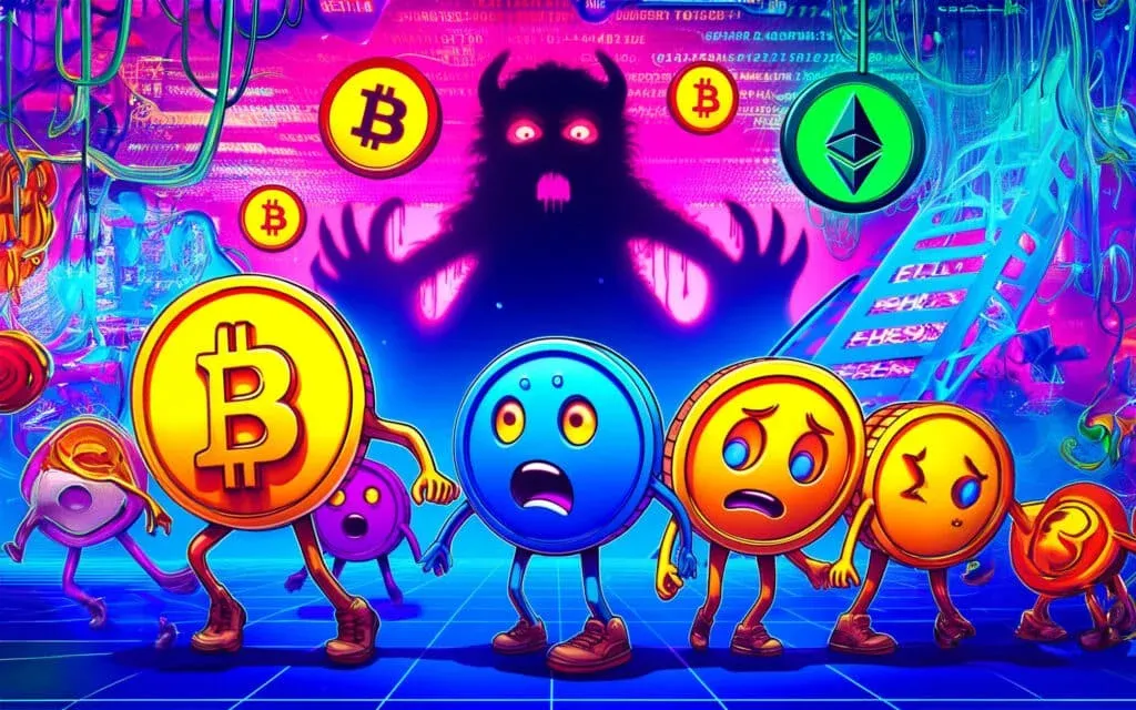 Cartoon coins with expressive faces, including Bitcoin and Ethereum, appear startled by a large shadowy monster figure in a lively, neon-colored digital landscape.