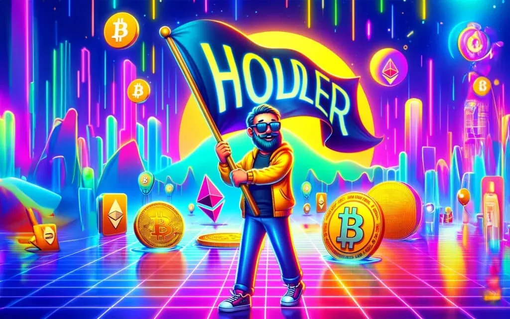 A lively, neon-style illustration of a person holding a flag with the word