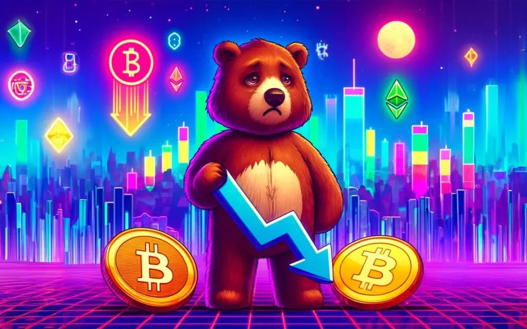 A sad cartoon bear holding a downward-pointing blue arrow stands amid glowing cryptocurrency symbols and graphs, with Bitcoin coins at its feet.