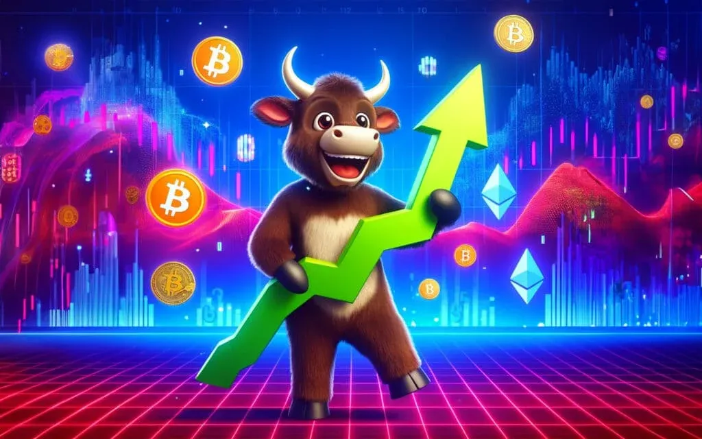 Cartoon bull holding an upward-pointing green arrow, surrounded by Bitcoin and Ethereum symbols against a digital graph background.