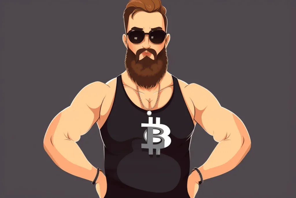 Illustration of a muscular man with a beard and sunglasses, wearing a black tank top with a Bitcoin symbol and standing with hands on hips.