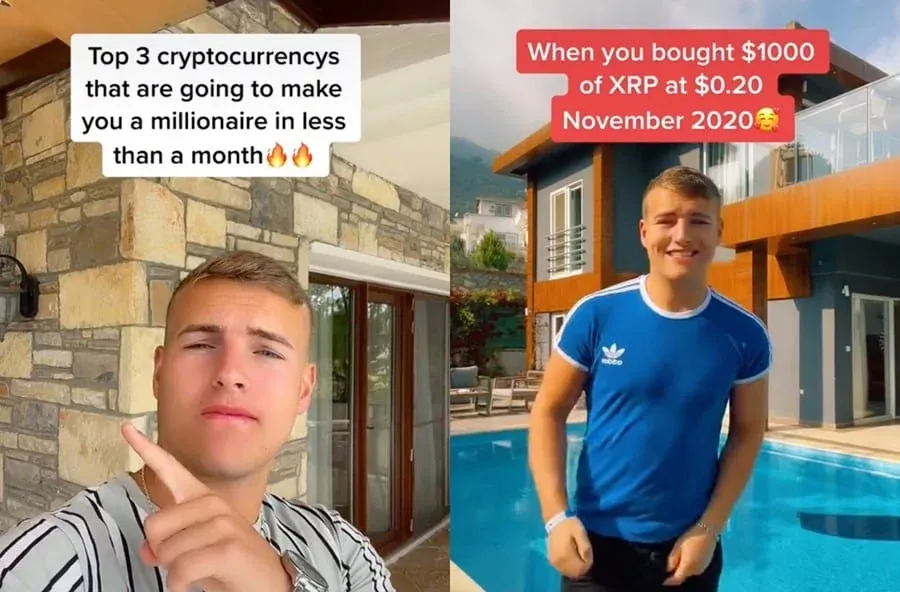 Two side-by-side images: the left shows a young man in front of a stone wall pointing upwards with text above him about top cryptocurrencies; the right shows the same man smiling by a pool with text about buying XRP in November 2020.