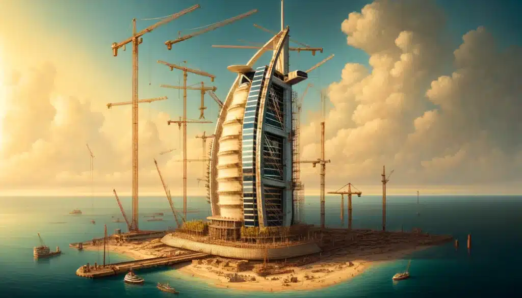 A futuristic skyscraper resembling a sail under construction on a small island, surrounded by numerous cranes and blue ocean water.