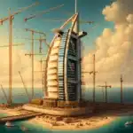DALL·E 2024 05 19 11.41.49 The construction stages of the Burj Al Arab from 1994 to 1999 transitioning to its completion as the worlds first seven star hotel. The scene show